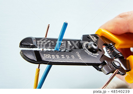 Stripper tool cuts wires during installation. Stripper tool cuts wires during installation. 48540239
