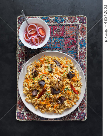 Lamb pilaf with rice. Asian cuisine. Top view. 48542003