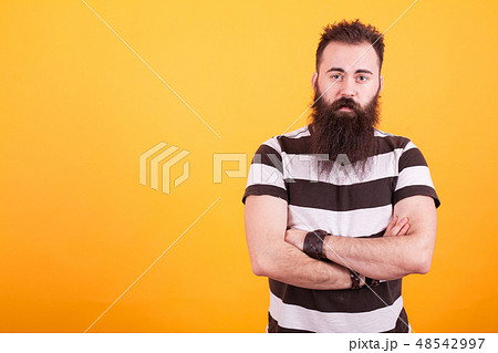 Handsome bearded man with stripped t-shirt holding arms crossed and looking at the camera over Handsome bearded man with stripped t-shirt holding arms crossed and looking at the camera over 48542997