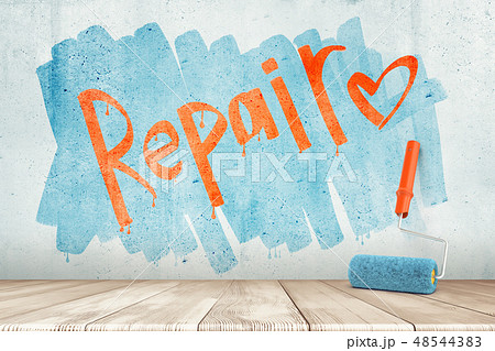 3d rendering of a wall with the word 'Repair' and a heart on it and a paint roller against the wall. 48544383
