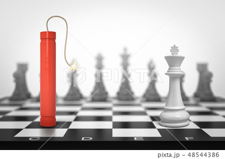 3d rendering of a lit red dynamite stick standing on chessboard face to face with the White King 3d rendering of a lit red dynamite stick standing on chessboard face to face with the White King 48544386