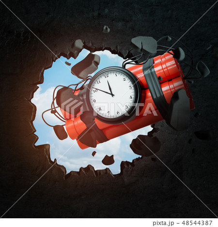 3d rendering of red dynamite time bomb breaking black wall 48544387