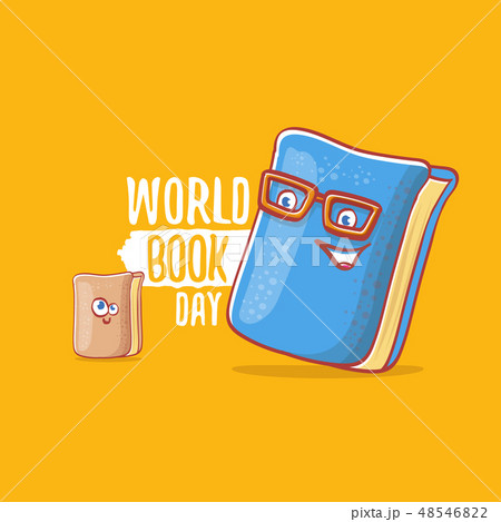 World book day greeting card with cartoon smiling book character isolated on orange background 48546822