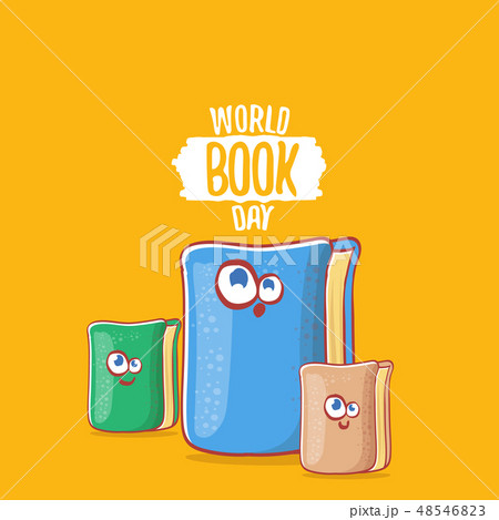 World book day greeting card with cartoon smiling book character isolated on orange background 48546823