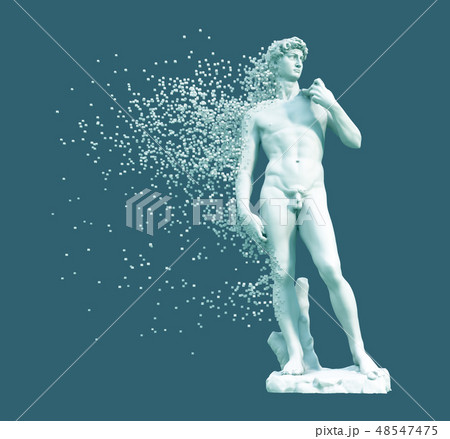 Digital Disintegration Of Sculpture David On Blue Background 48547475