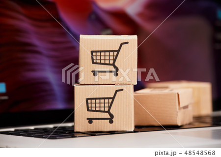 Online shopping . ecommerce and delivery service concept : Paper cartons with a cart or trolley logo Online shopping . ecommerce and delivery service concept : Paper cartons with a cart or trolley logo 48548568
