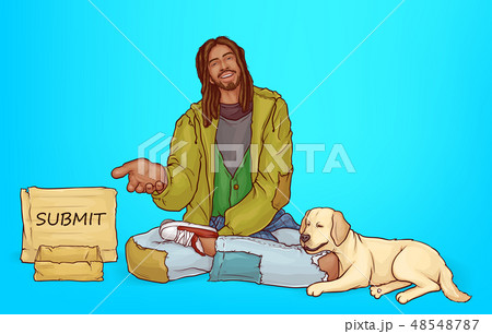 Vector beggar, poor African bum with dog. 48548787