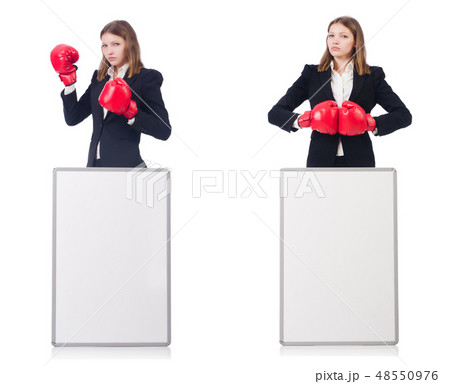 Woman boxer with blank board on white  48550976