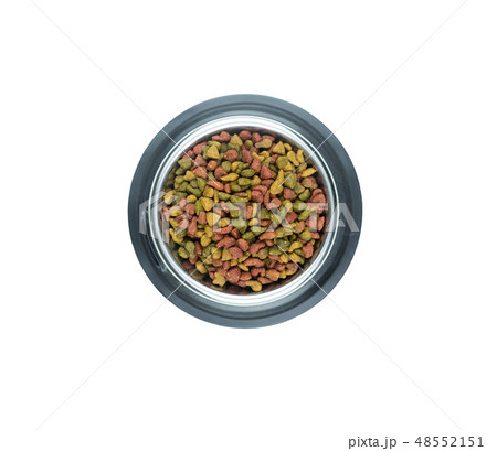 Top view dry food for pet in stainless bowls 48552151