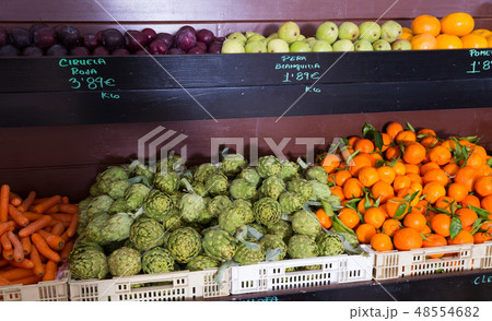 Showcase with fruits in greengrocery Showcase with fruits in greengrocery 48554682