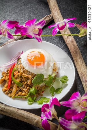 ガパオライス　タイのグルメ　 Phad Bai Gaprao Gai Sap Thai dish 48559424