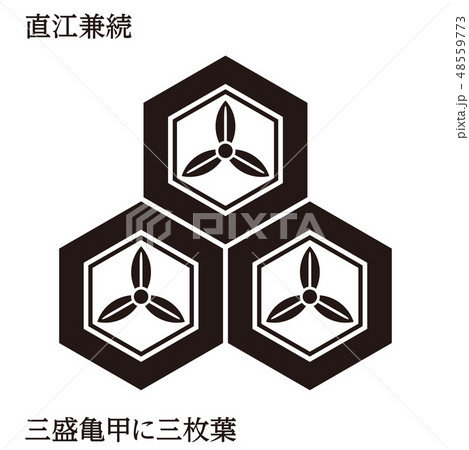 戦国時代の武将の家紋　戦国大名｜直江兼続・三盛亀甲に三枚葉｜モノクロ・ベクターデータ 48559773