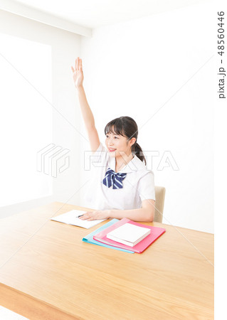 手を上げて発表をする学生 手を上げて発表をする学生 48560446