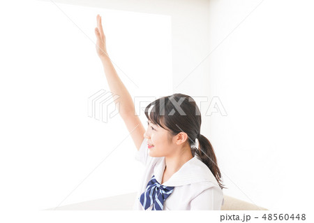 手を上げて発表をする学生 48560448