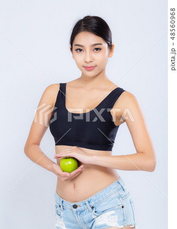 Portrait asian woman holding green apple fruit 48560968