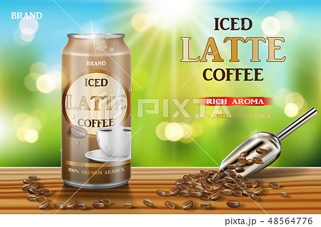 Latte coffee aluminum can with milk and beans ads. 3d illustration of hot arabica coffee package Latte coffee aluminum can with milk and beans ads. 3d illustration of hot arabica coffee package 48564776