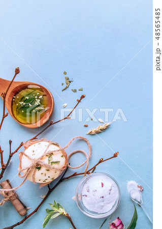 Natural handmade soap, spa organic, aromatic salt. Flat lay on a blue background Natural handmade soap, spa organic, aromatic salt. Flat lay on a blue background 48565485