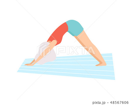 Girl in Downward Facing Dog Pose, Young Woman Practicing Yoga, Physical Workout Training Vector 48567606