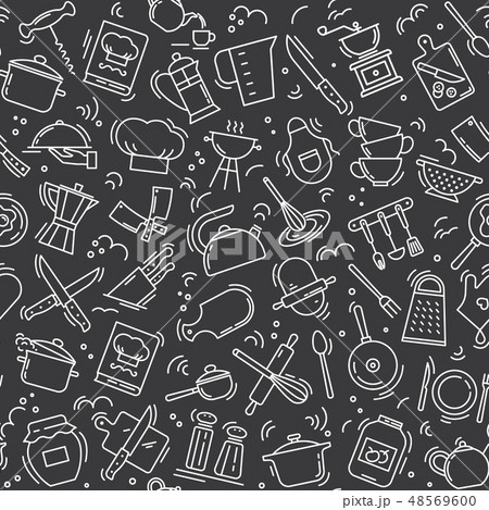 The seamless pattern on the kitchen theme with a variety of kitchen items. 48569600