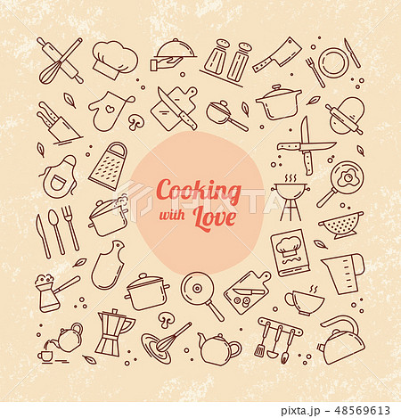 Background from icons on the theme of kitchen and cooking with lettering cooking with love. Background from icons on the theme of kitchen and cooking with lettering cooking with love. 48569613