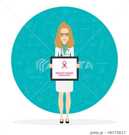 Female doctor pointing at medical clipboard. 4 February world cancer day horizontal poster. Vector 48570627