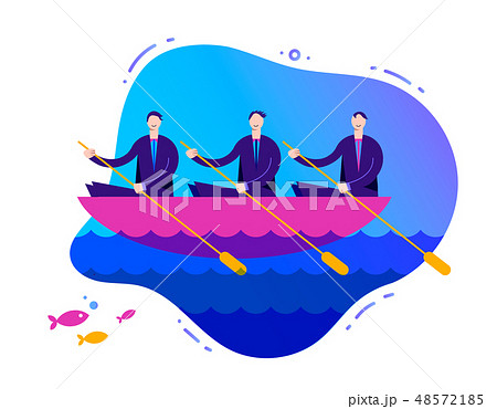 Vector business illustration, stylized characters. Successful teamwork concept, 3 businessmen rowing 48572185