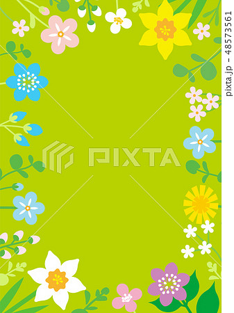 春の草花のフレーム 縦構図 黄緑色背景のイラスト素材