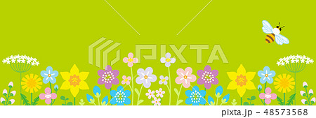 春の野花とミツバチ 黄緑色背景 横長のイラスト素材