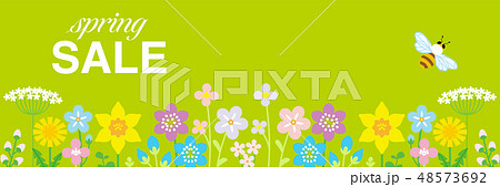春の野花とミツバチ　文字入り　Spring SALE　黄緑色背景 48573692