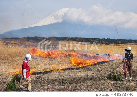 静岡県 朝霧高原の野焼きと富士山 静岡県 朝霧高原の野焼きと富士山 48573740