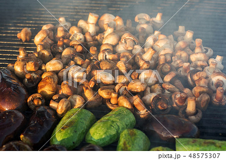 Mushroom barbecue roasted on metal grill. Diet vegan bbq. Fungi kebab closeup at picnic outdoors Mushroom barbecue roasted on metal grill. Diet vegan bbq. Fungi kebab closeup at picnic outdoors 48575307