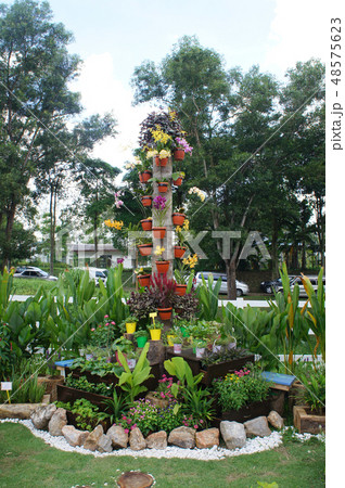 The flowers are planted in a hanging container. 48575623
