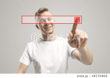 Businessman hand touching empty virtual screen 48576868