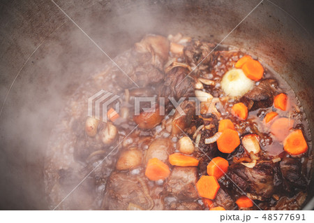 Lamb and vegetables stew in cauldron Lamb and vegetables stew in cauldron 48577691