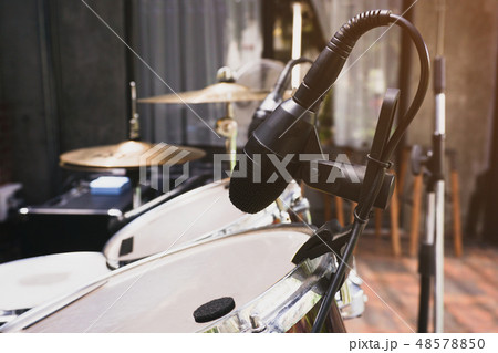 Close up of microphone and drum at the stage.. 48578850