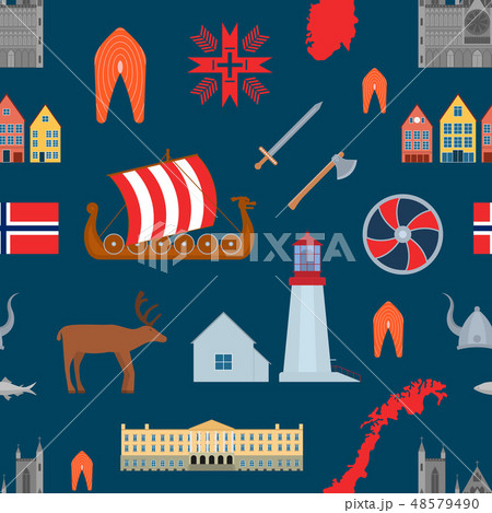 Cartoon Norwegian Travel and Tourism Seamless Pattern Background. Vector Cartoon Norwegian Travel and Tourism Seamless Pattern Background. Vector 48579490