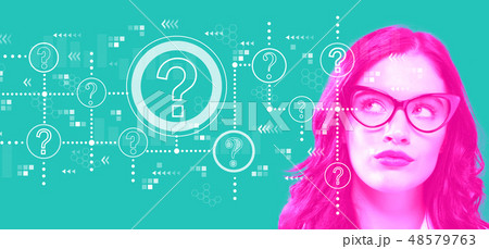 Question marks with young businesswoman Question marks with young businesswoman 48579763