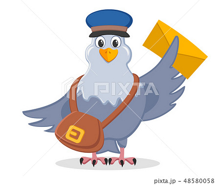 Carrier pigeon in a hat with a bag and a letter in Carrier pigeon in a hat with a bag and a letter in 48580058