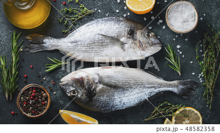 Fresh raw Dorado fish with spices. Fresh raw Dorado fish with spices. 48582358
