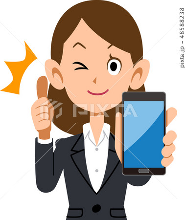 スマートフォンを持ってサムズアップするビジネスウーマン スマートフォンを持ってサムズアップするビジネスウーマン 48588238