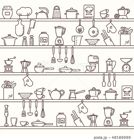Seamless horizontal pattern with kitchen shelves full of various kitchen items and tools. Seamless horizontal pattern with kitchen shelves full of various kitchen items and tools. 48589999