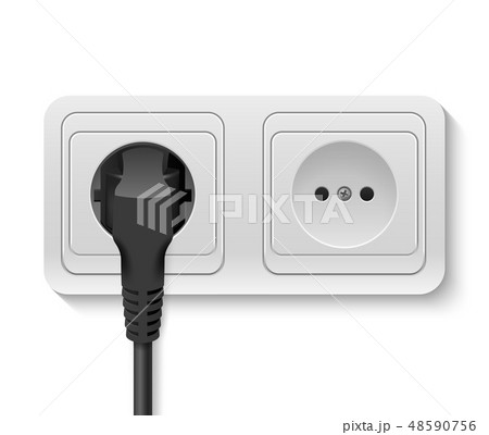 Realistic Vector 3d Black Plug Inserted in a Wall Socket Icon Closeup Isolated on White Background Realistic Vector 3d Black Plug Inserted in a Wall Socket Icon Closeup Isolated on White Background 48590756
