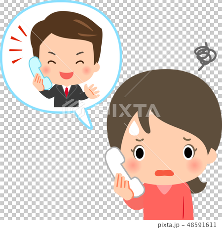 セールスの電話がかかってきて困っている女性 セールスの電話がかかってきて困っている女性 48591611