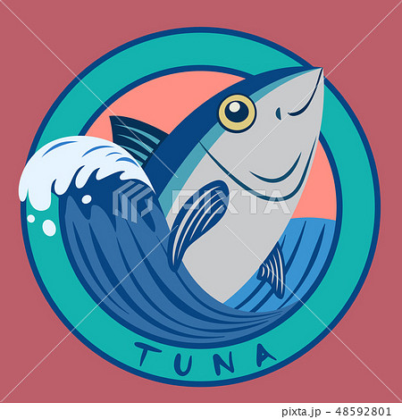 Tuna Fish Seafood On Blue Wave Circle Logoのイラスト素材