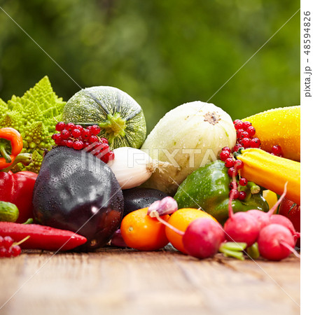 Fresh organic vegetables ane fruits on wood table Fresh organic vegetables ane fruits on wood table 48594826