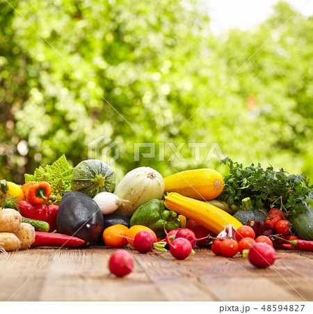 Fresh organic vegetables ane fruits on wood table Fresh organic vegetables ane fruits on wood table 48594827
