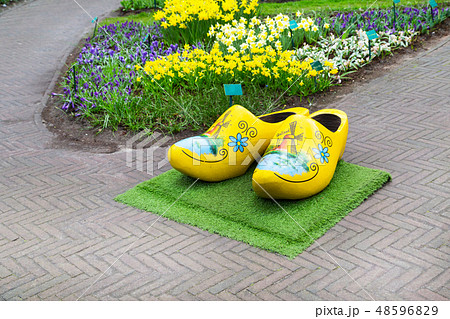 Typical dutch wooden clogs or klompen, painted with windmill Typical dutch wooden clogs or klompen, painted with windmill 48596829