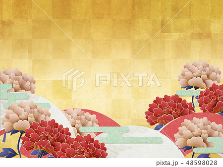 背景素材-日本画-牡丹-和柄-扇-金のイラスト素材 [48598028] - PIXTA
