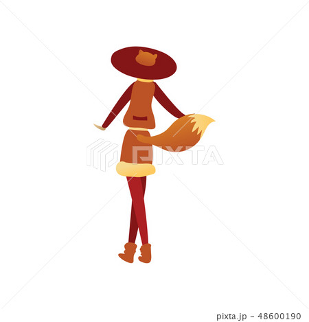 Woman in fox costume with red hat and tail, back view. Outfit for carnival or Halloween party. Flat 48600190