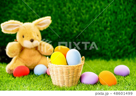 Bunny toy and Easter eggs in basket Bunny toy and Easter eggs in basket 48601499
